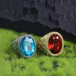 European and American Hip-Hop Retro Ruby Ocean Blue Silver Gold Men's Punk Personality Exaggerated Ring Gift Fashion Accessory