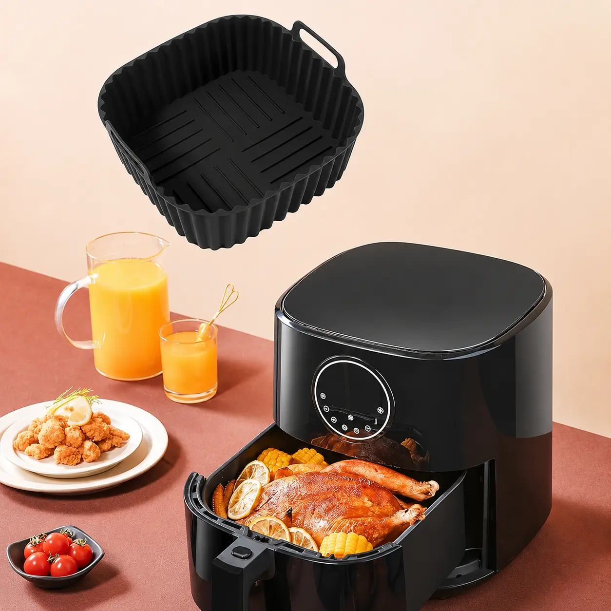1-Pack Heat Resistant Silicone Air Fryer Liner Tray, Anti-Grease Washable Reusable Kitchen Bakeware, for Home Kitchen Fried & Baked Food Prep