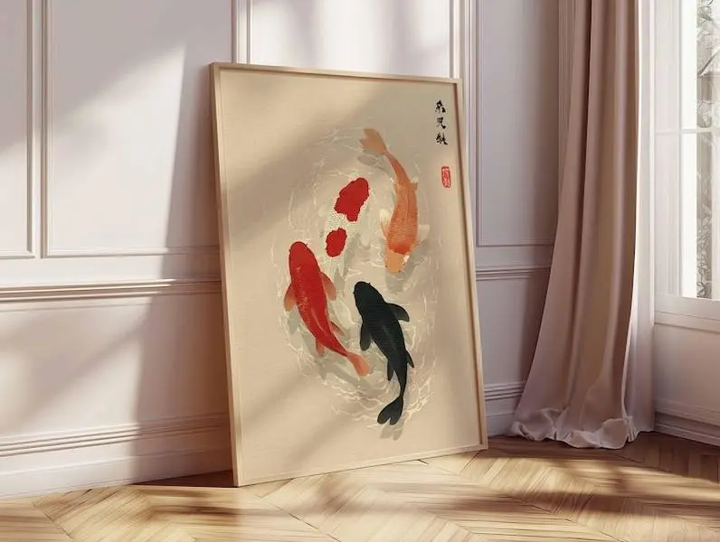 Japanese Koi Fish Graphic Print Paper Poster - Minimalist Japandi Decorative Artwork with Minimalist Design, Asian Zen Water Painting, 24x36 Tube-Packaged Oriental Home Decor for Tranquility-Focused Pond-Themed Rooms, Artistic, Wall, Unframed