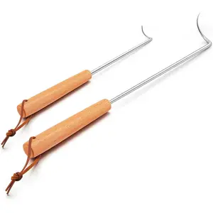Pigtail Food Flipper 2Pcs, 12 & 17 Inch Meat Turner Hook, Stainless Steel Pig Tail Flipper Hook With Wooden Handle, Grill Accessories for Grilling Griddle Kitchen Cooking - Right Handed Plastic Utensils Indoor Matte