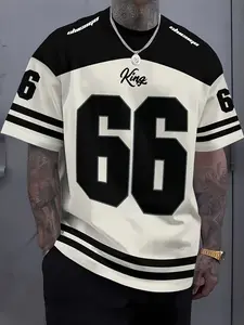 Men's King Letter 66 Pattern Printed Short Sleeve T-Shirt, Summer Casual Fashion Outdoor Sport Breathable Round Neck Top, Casual Sports Top