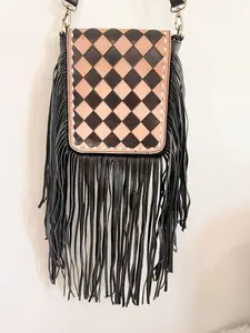 Checkmate Collection Brown & Black Checkered Tooled Full Grain Leather Fringe Crossbody Purse with Adjustable Strap & Magnetic Flap Closure