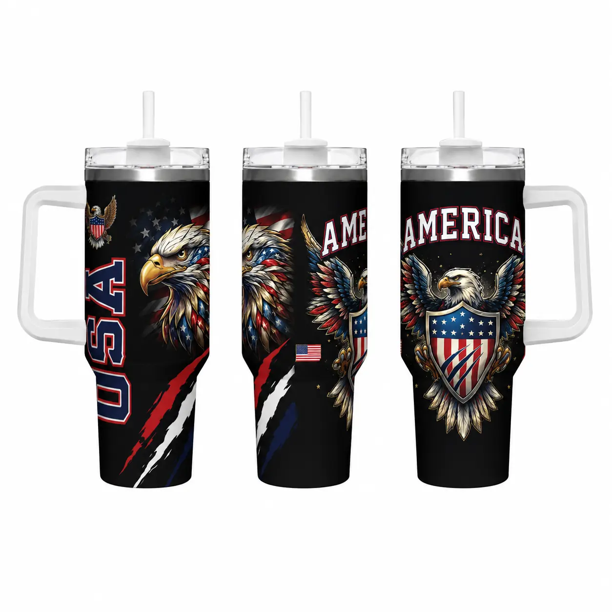 18/8 Stainless Steel Insulated Casual Portable Travel Tumbler Water Bottle (40oz/1,000-2,000ml) for Adults - Leak-Proof, With Handle, American Bald Eagle Flag Shield Print, 24H Cold, 12H Hot, Patriotic Dad's Birthday Gift