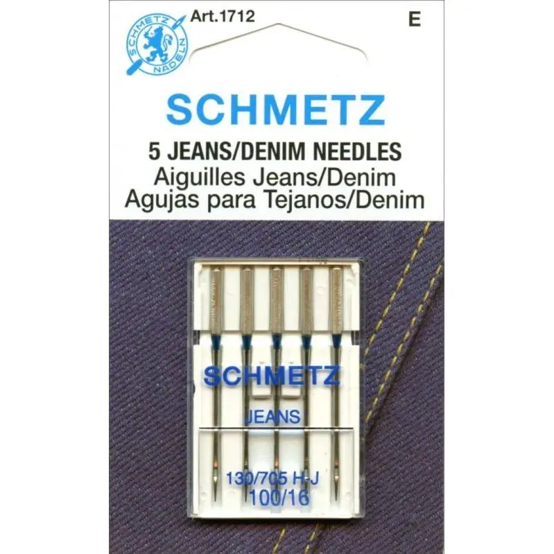 New Genuine Schmetz 1712 Denim-Jeans Needles (100/16, 100pk) - Flat Shank, Clean Stitches, Prevents Skipped Stitches, Fits Most Household Sewing Machines, For Heavy Fabrics & Layered Projects