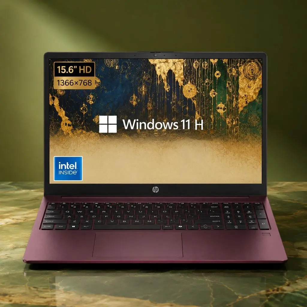 HP 15.6" Portable Laptop Computer, HD Display, Intel Quad-Core N200 CPU, 4GB RAM, 128GB PCIe SSD, Wi-Fi 6, Webcam, HDMI Port, Numeric Pad, Windows 11 Home, Glimmer Garnet