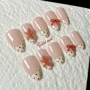 Spring Bloom Handmade Press-On Nails, Nail Tips Art, Short Almond Shape, 10pcs, Sweet Girl Style, Nude Pink Base & Cream White Polka Dot French Tip & 3D Bow/Flower Accents, Gloss Finish, Reusable DIY Nail Kit for Spring