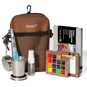 Funto Mini Watercolor Paint Set, All-In-One Walnut Wood 15-Color Premium Pocket Travel Paint Kit, with Crossbody Bag,Watercolor Journal, Metal Clip, Paint Water Cup, Water Brush Ideal for Art Lovers