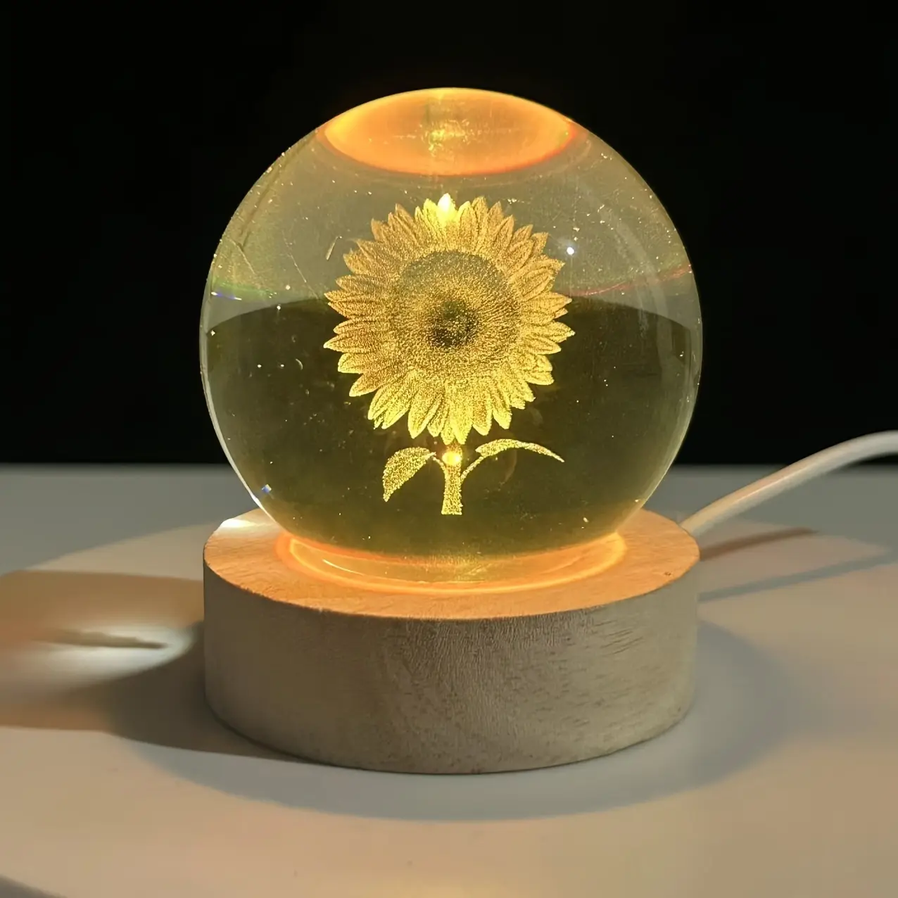 1pc Color Change Sunflower Crystal Ball with 3D Laser Engraving - Colorful LED Light, Solid Wood Base Desk Decor, Perfect Gift for Friends & Family Home Office Decoration Statue