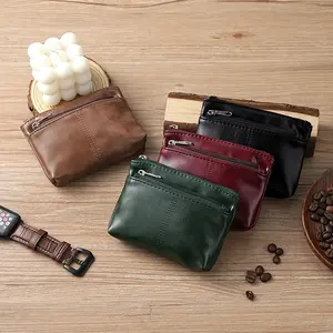 Mini Zipper Leather Coin Purse, Simple Cowhide Texture Card Holder for Driver License Bus Card Key Wallet