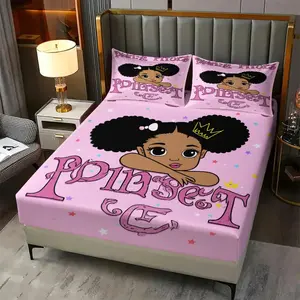3Pcs Princess Cartoon Fitted Sheet Set, Cheerful Pink Bedding Set with Digital Print, Featuring a Young Girl with Curly Hair and Stars, Ideal for Kids' Rooms, for All Seasons, Includes 2 Pillowcases, No Pillow Core
