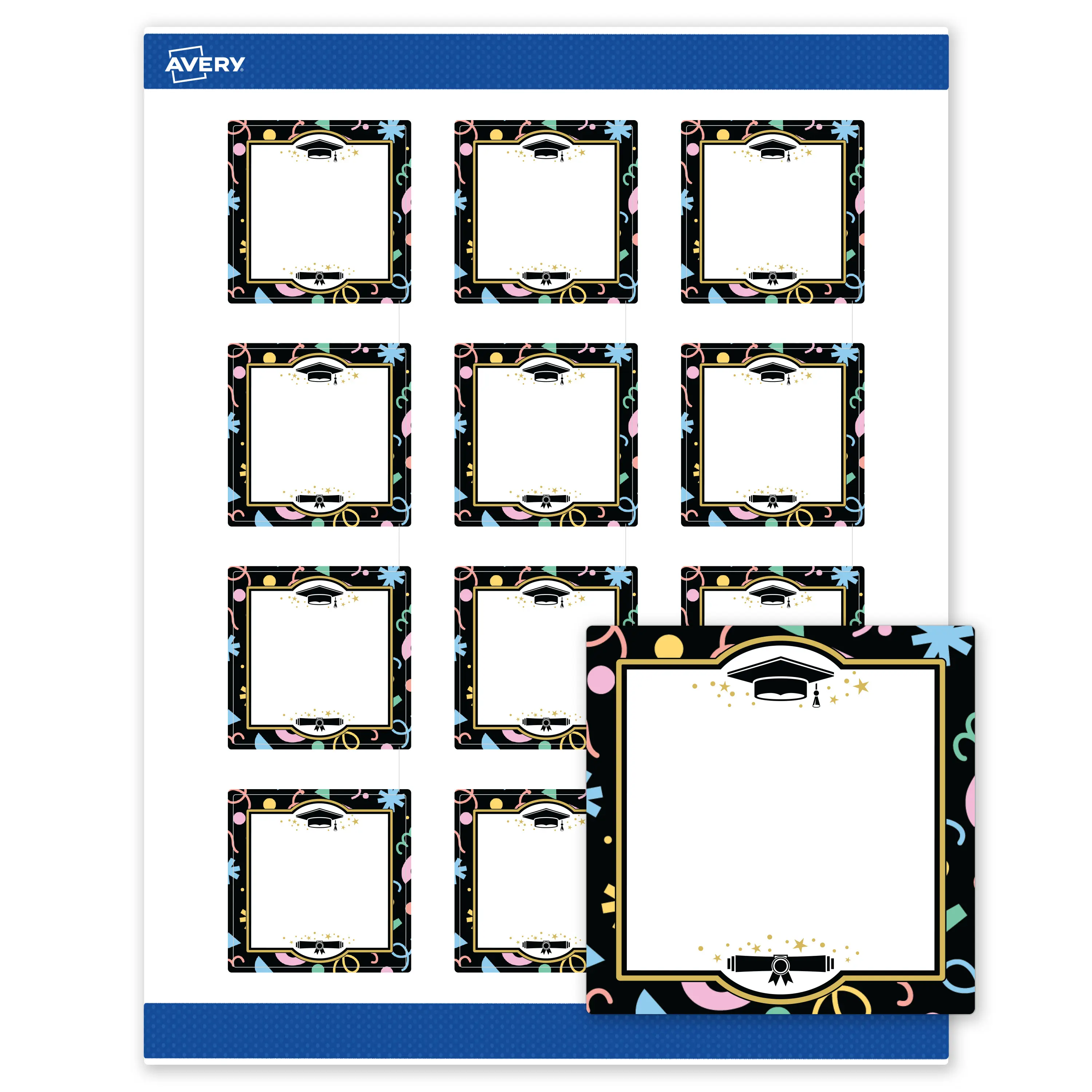 Avery® Printable Square Labels, 2" x 2", Matte White, Sure Feed® Technology, Pre-printed Gold & Confetti Graduation Design Great for Grad Parties, Laser & Inkjet Compatible, 120 Total