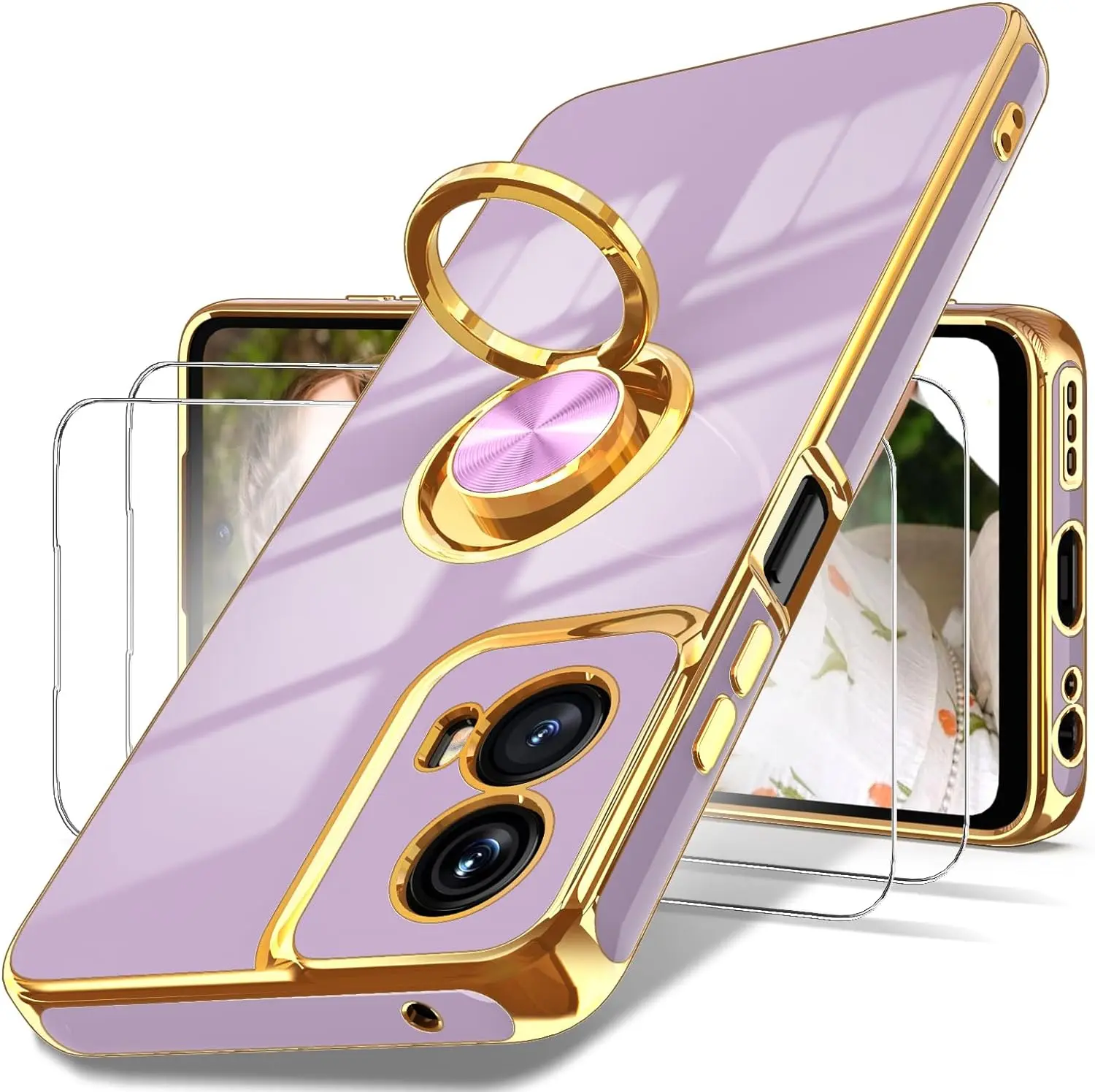 Phone Case for Motorola G 5G 2024 Case, Moto G 5G 2024 Case,2X Screen Protector, 360° Rotatable Ring Holder Magnetic Kickstand,Plated Gold Edge Slim Soft TPU Protective Cover (Purple)