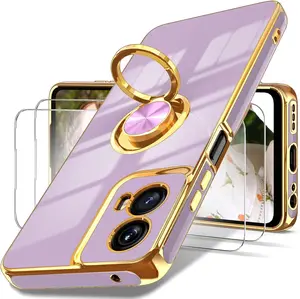 Phone Case for Motorola G 5G 2024 Case, Moto G 5G 2024 Case,2X Screen Protector, 360° Rotatable Ring Holder Magnetic Kickstand,Plated Gold Edge Slim Soft TPU Protective Cover (Purple)