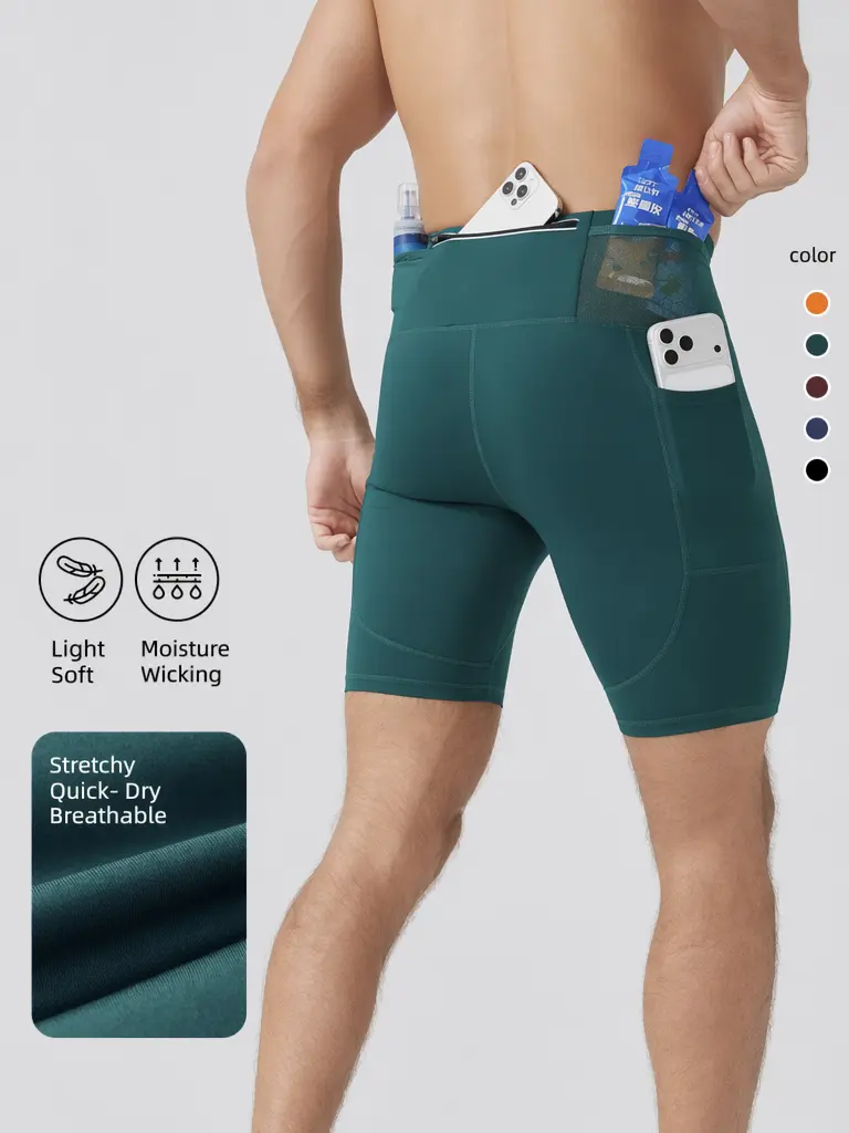 Men’s Moisture-Wicking Quick-Dry Compression Running Shorts - 4-Way Stretch Athletic Base Layer with Phone & Zipper Pockets for Summer Gym, Marathon Training (Men’s Sports Leggings Variant), Moisture-Wicking Fabric Men's Sports Leggings, With Pockets Men'