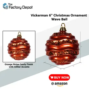 Vickerman 6" Christmas Ornament Wave Ball, Orange Stripe Candy Finish with Glitter Accents, Shatterproof Plastic, Holiday Christmas Tree Decoration