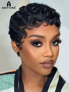 Short Pixie Cut Deep Wave Wig, Brazilian Virgin Hair Lace Front, 180% Density, 6 Inch, Loose Curl Style with Bangs, Daily Wear Perfect Fit, Curly Wig