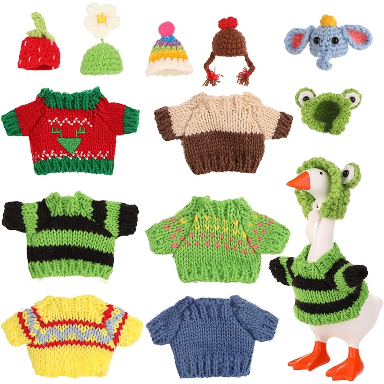 6 Sets Mini Desk Goose Outfits, Cute Knitted Hat & Clothes for 7 Inch Porch Goose Statue Colorful Headwear Costume Accessories for Magnetic Geese Key Holder