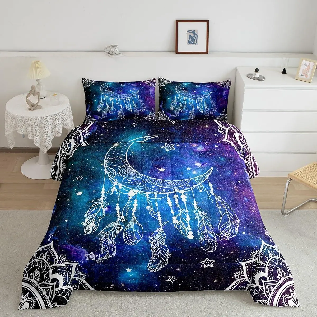 Feelyou Galaxy Theme Dream Catcher Comforter Set - Tribal Style Feather Bedding with Starry Universe Mandala Design for Kids, Home Decor Duvet Insert
