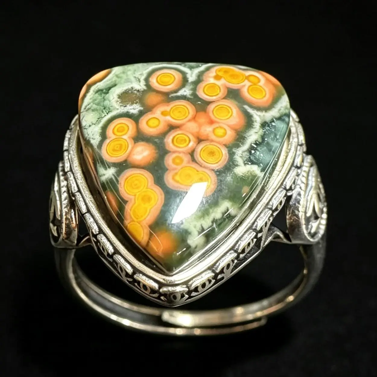 Unisex 925 Silver Adjustable Vintage Ring with Orbicular-Triangular Natural Ocean Jasper Gemstone, Everyday Natural Crystal Jewelry for Enthusiasts
