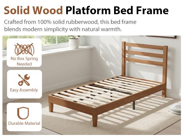Wood Bed Frame with Headboard - Walnut Finish, Solid Wood Slat Support System, No Box Spring Required