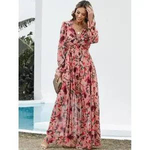 Women's Floral Print Chiffon Vintage Maxi Dress, Ruffled Hem and Ruffled Sleeves, Deep V Neck Long Sleeve A-line Dress 2025, Elegant Vacation Outfit, Summer to Autumn Fashion, Perfect for Back-to-School Parties and Birthday Celebrations