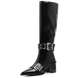 Women's Black Pu Knee High Boots with Pointed Toe Chunky Block Heels Side Zipper Buckle Design for Dating Party Concert Casual Wear