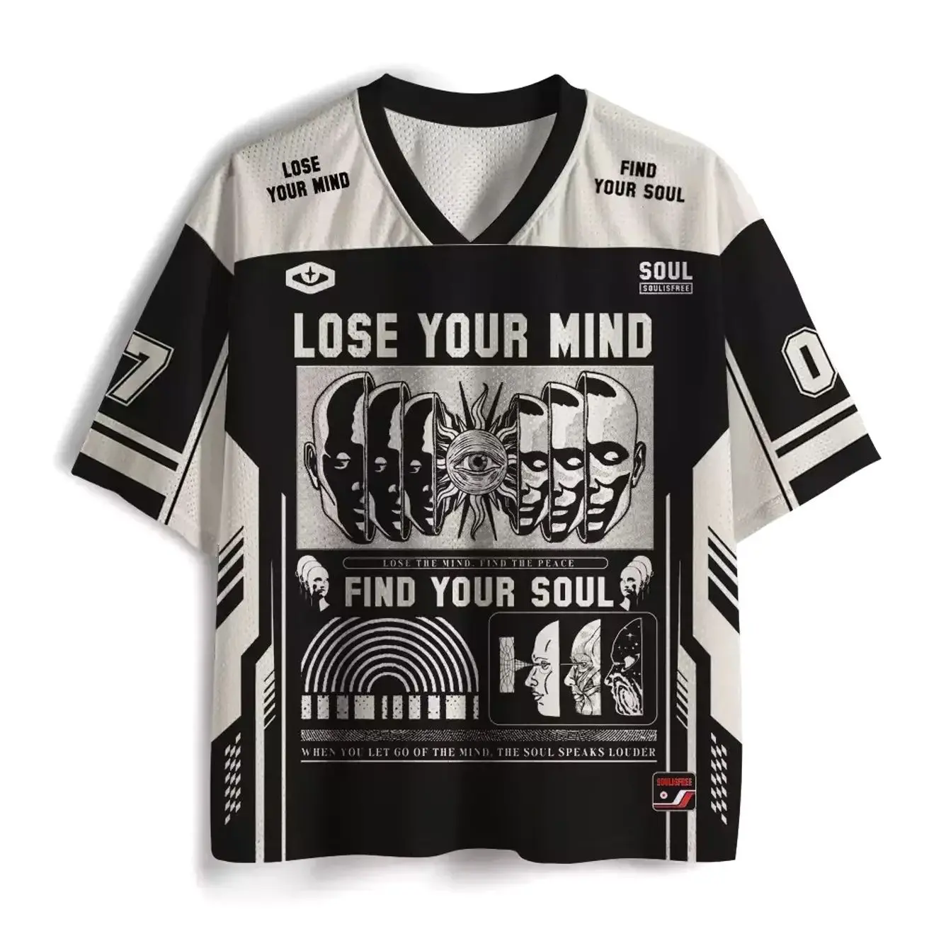 Lose Mind, Find Soul Mesh Jersey, Inspirational Graphic Sports Shirt, Spiritual Y2K Streetwear Mesh Top, Mindful Statement Typography Design, Breathable Oversized Unisex Jersey, Trendy Casual Summer Shirt for Men & Women A4W