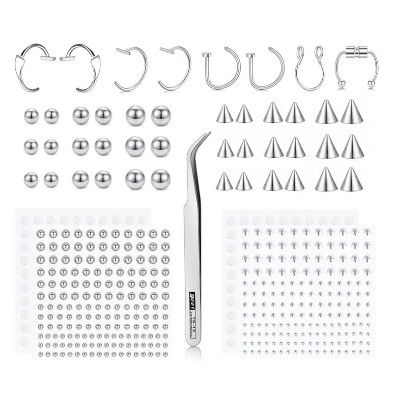 Fake Body Piercing Accessories Set - Stick-On Lip, Nose Hoop, Snake Bites, Clip-On Eyebrow Jewelry for Costume Looks, Nose Piercing