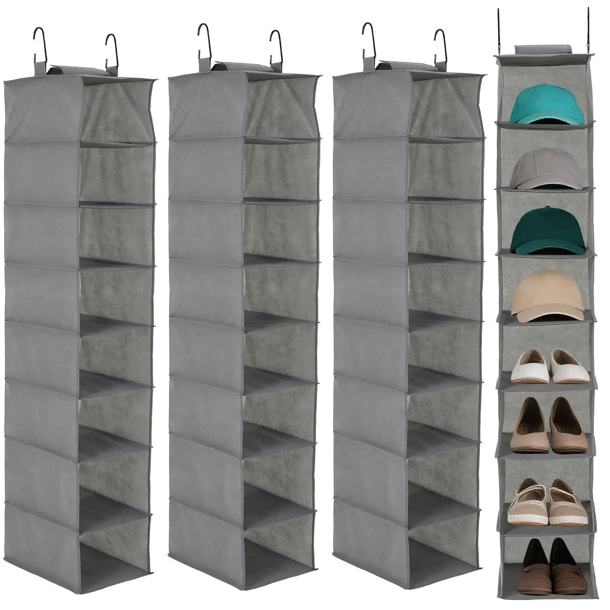 Garvee 3-Tier Hanging Shoe Organizer for Closet with 8 Shelves and 2 Hooks, Gray, Space-Saving Storage Solution for Shoes, Purses, Scarves, and Accessories, Easy No-Tools Installation, 3 Pack