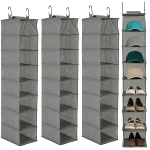 Garvee 3-Tier Hanging Shoe Organizer for Closet with 8 Shelves and 2 Hooks, Gray, Space-Saving Storage Solution for Shoes, Purses, Scarves, and Accessories, Easy No-Tools Installation, 3 Pack