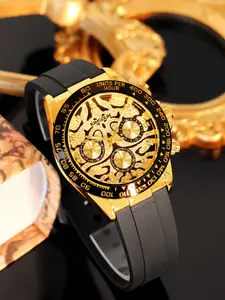 A new men's all black adhesive tape with delicate texture and sparkling diamonds embellished with a golden dial design, light luxury and high-end three eye multi pointer multifunctional design, Quartz Movement, exquisite fashion single item quartz watch