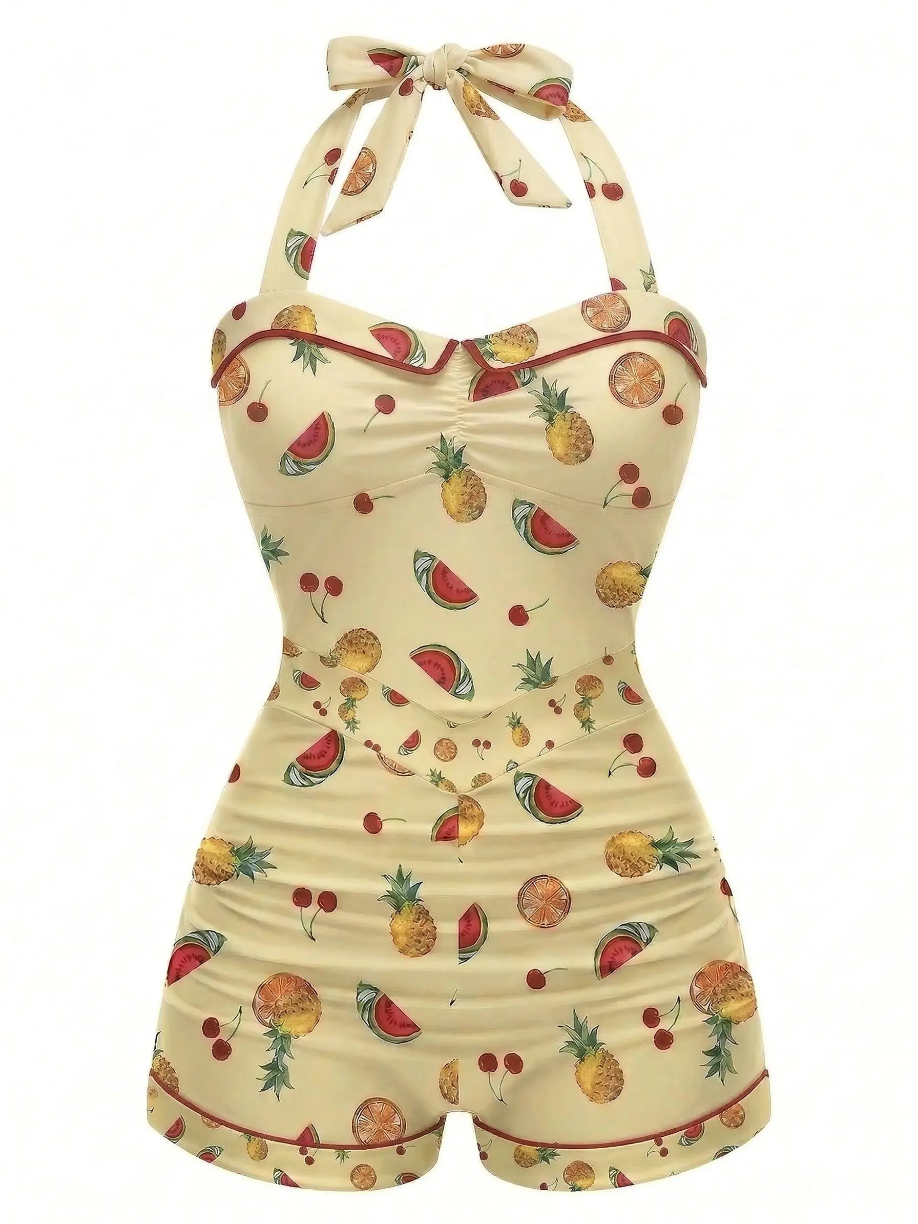 Yellow 1950s Halter Pineapple Watermelon Fruit One-piece Swimsuitsummer outfits beach essentials vacation outfits Casual Swimwear Beachwear Swimdress