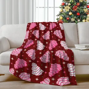 1pc Christmas tree baking cake pattern blanket, comfortable soft flannel warm cover blanket, Christmas happy bed blanket, suitable for Christmas sofas, beds, cars, rooms, offices, parties, camping covers, perfect gift blanket, Flannel Throw Blanket