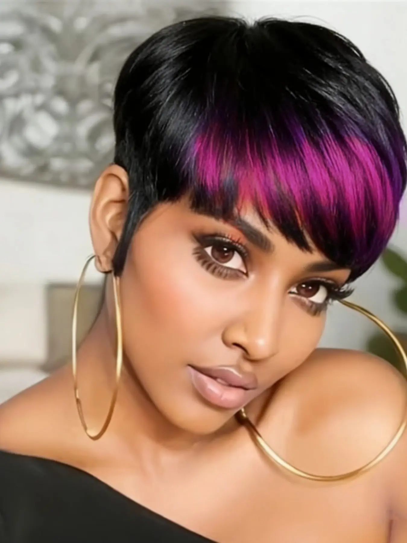 Human Hair Wig with Bangs Highlight Color Straight Pixie Cut Machine Make Wig