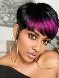 Human Hair Wig with Bangs Highlight Color Straight Pixie Cut Machine Make Wig