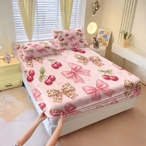3Pcs Playful Pink Bow and Leopard Print Fitted Sheet Set, Adorned with Red Cherries and Cute Heart & Star Accents, Soft Pastel Fabric for a Girly Bedroom Vibe, Perfect for Stylish Decor! Includes 2 Pillowcases, No Pillow Core