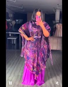 Mia Set Purple - Flowing Pleated Kaftan Top & Wide-Leg Pants with Elastic Waist for Weddings & Summer Occasions