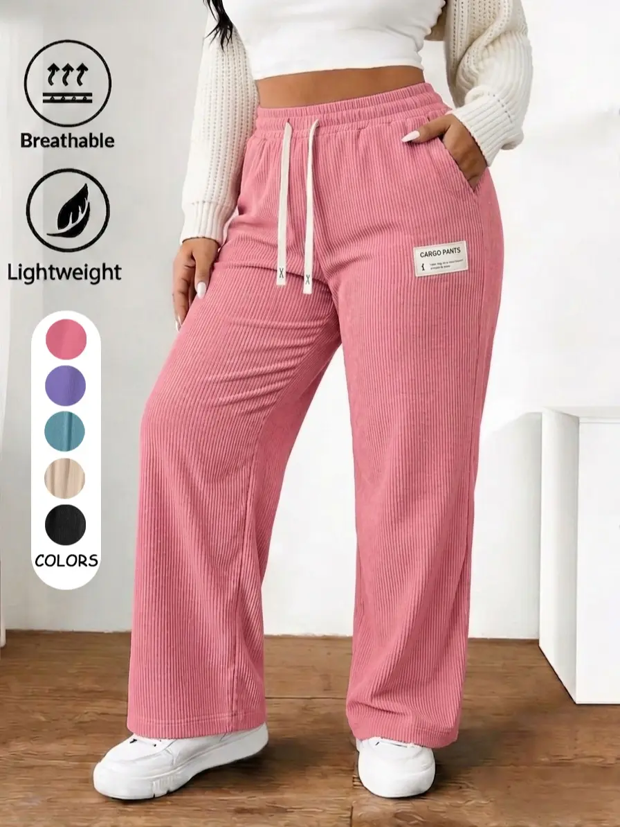 Women’s casual corduroy high-waisted pants, loose straight fit with an elastic drawstring design, suitable for outdoor wear., Clothes, Basic, High-Rise Relaxed Straight Pants, Polyester backtoschool, High Waist
