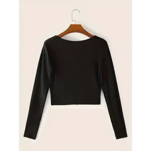 Letter Rhinestone Notched Neck Knitted Top, Casual Long Sleeve Crop Slim Sweater, Women's Clothing