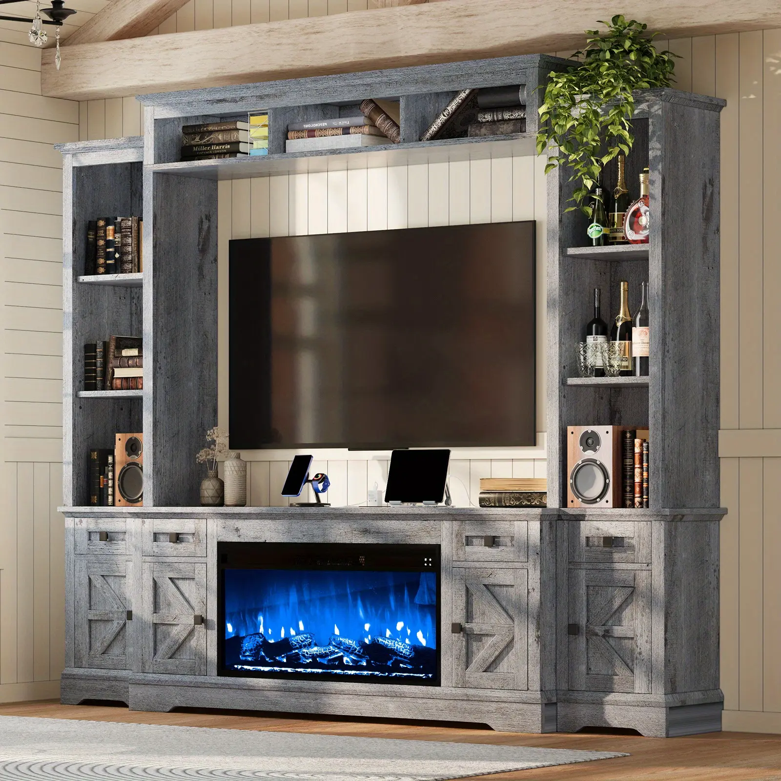 Farmhouse Wall Unit TV Stand with Fireplace, Bookshelves, Large Entertainment Center with Power Outlets& Drawers, Media Console, Living Room