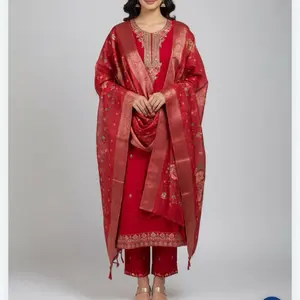 Premium Silk Kurta Set with Banarsi Border Dupatta Perfect for Any Occasions Red Embroidered Kurta and Dupatta