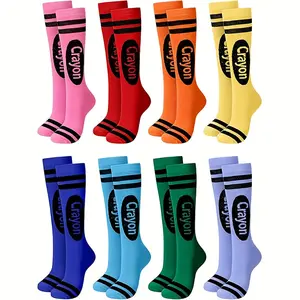4/8 Pair Women's Halloween Pencil Socks - Macaron and Bright Colors (Pink, Red, Orange, Yellow, Blue, Green, Purple, Black, White, Gray, Beige) - Soft Pencil Pattern Over-the-Knee Socks