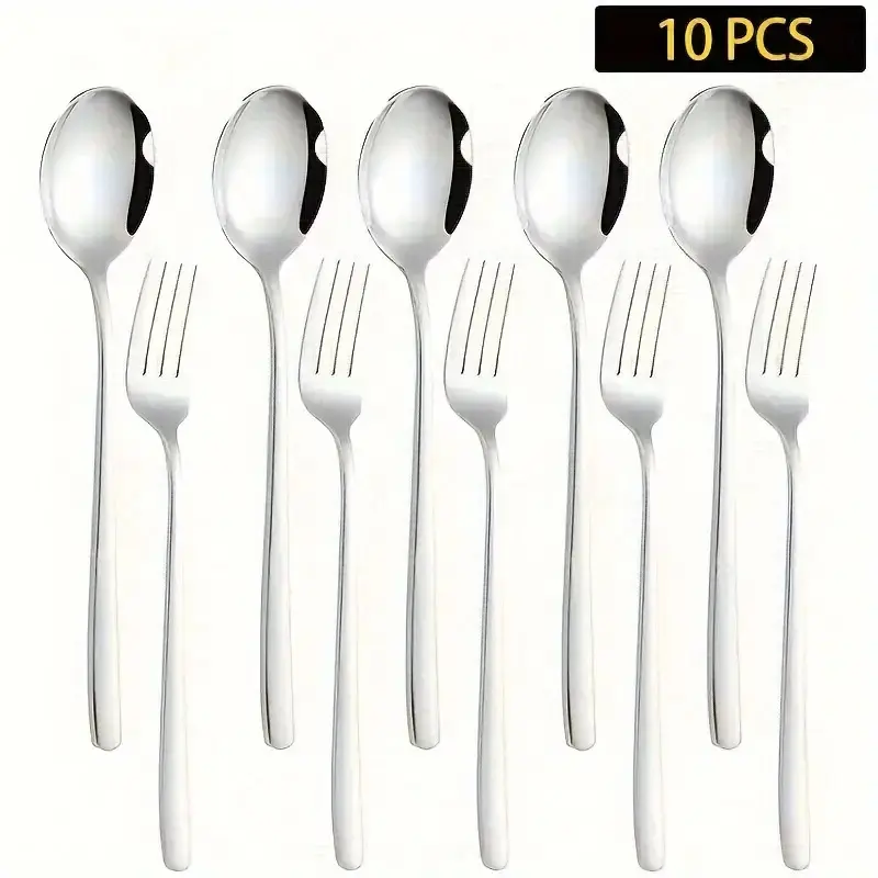 10-Piece Silver Color Stainless Steel Fork Spoon Set, Korean Style Cutlery Tableware, Includes 5 Dinner Forks & 5 Tea Spoons, Durable Dishwasher Safe, Spoon And Fork Set