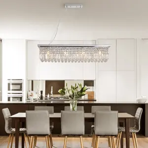 Modern Crystal Chandelier for Dining Room 8-Light White Rectangle Raindrop Chandelier Contemporary Rectangular Pendant Light Fixture for Kitchen Island Bar L39.4'' x W9.8'' x H8.7'(Bulb Not Included) lamparas  bonitas pendant lamp