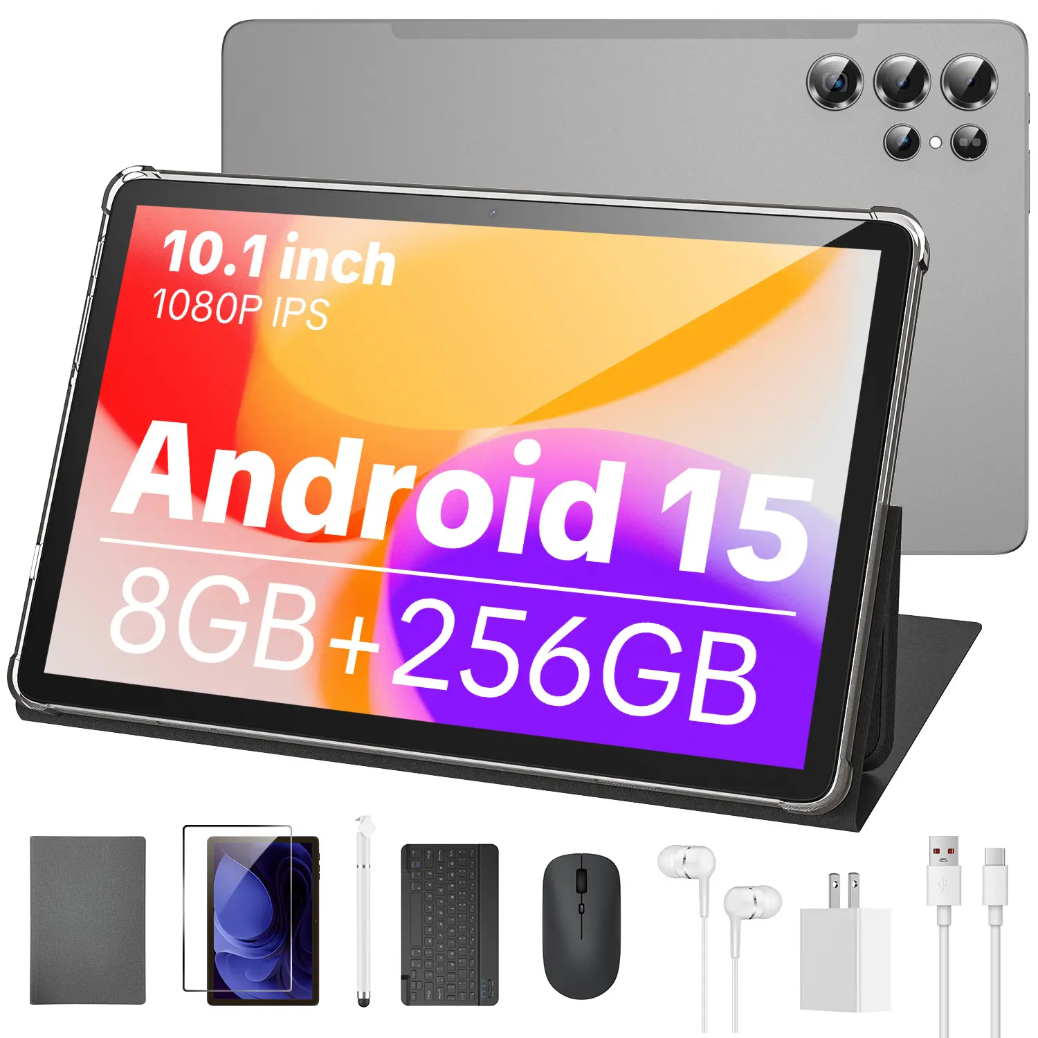 W&O Budget Friendly Tablet Set 10.1'' IPS Screen Android 15 Octa-Core 8GB+256GB with Bluetooth Keyboard Mouse Cover Stylus Back-to-School Gift Choice