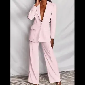 Women's Fitted Pink Blazer Suit Set with Deep V Neck & Straight Pants Soft Stretch Office Workwear Chic Elegant Long Sleeve China Made Minimalist Vneck Fabric Womenswear Basic