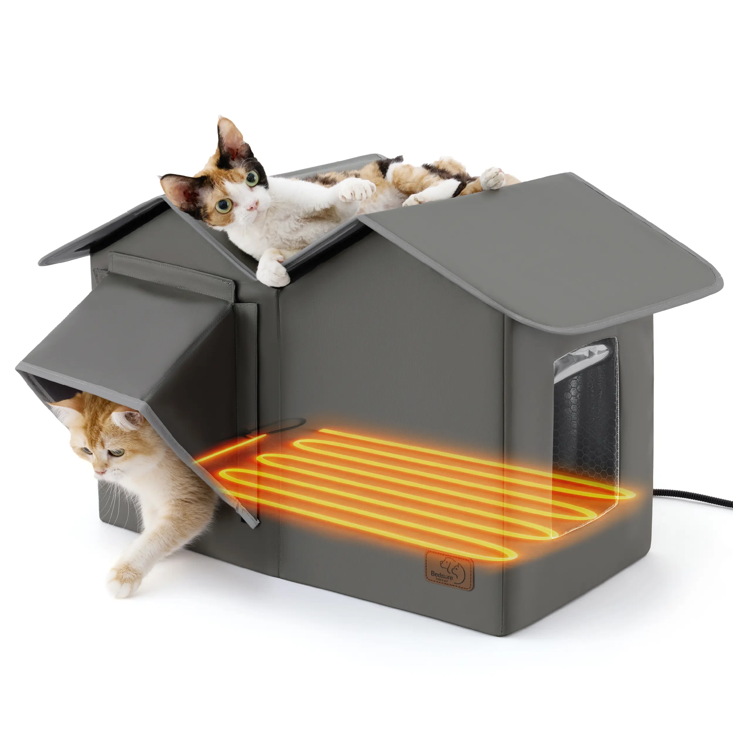 Bedsure Heated Fleece Cat House - One-Size-Fits-All, Waterproof, Insulated Interior, Graphene Honeycomb Fabric, Raised Base, Dry Winter Warm Pet Hideout for Feral Barn Cats & Kittens