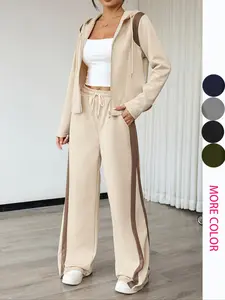 Women's Fall Winter Hooded Zipper Long Sleeve Jacket, Colorblock Design Sporty Athletic Tee, Loose Pants Two-Piece Set, Casual Fashion