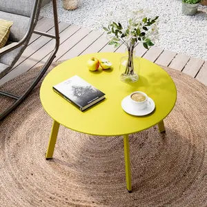LAUSAINT HOME Patio Round Coffee Table, 27.6” Weather Resistant Heavy Duty Outdoor Metal Patio Side End Table with Square Foot for Outside Deck, Porch, Garden, Yellow