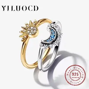 925 Silver Sun and Moon  Couple Ring Set Sky Blue Sparkling Cubic Zirconia Rings Promise Fine Jewelry Gifts for Valentines Day